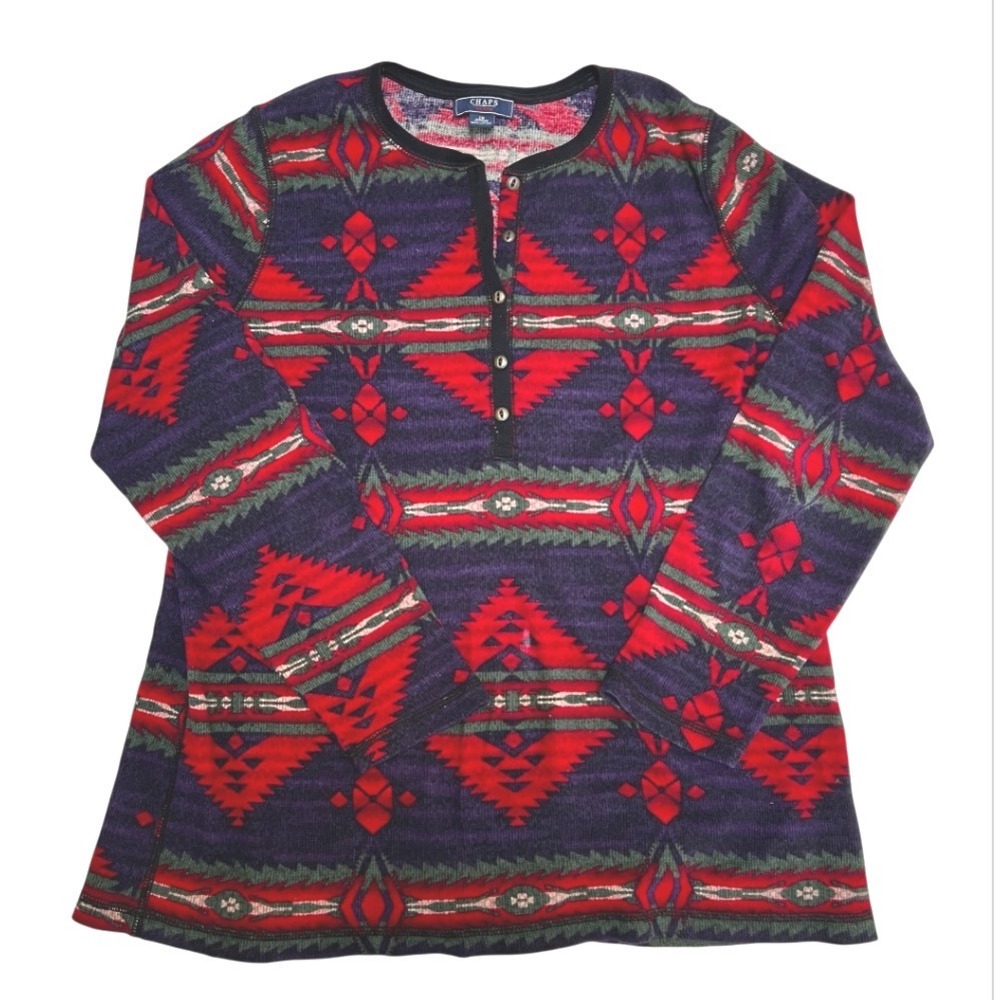 Chaps Denim Womens 1X Southwestern Aztec Thermal Henley Shirt Purple Red Cotton - Picture 13 of 14